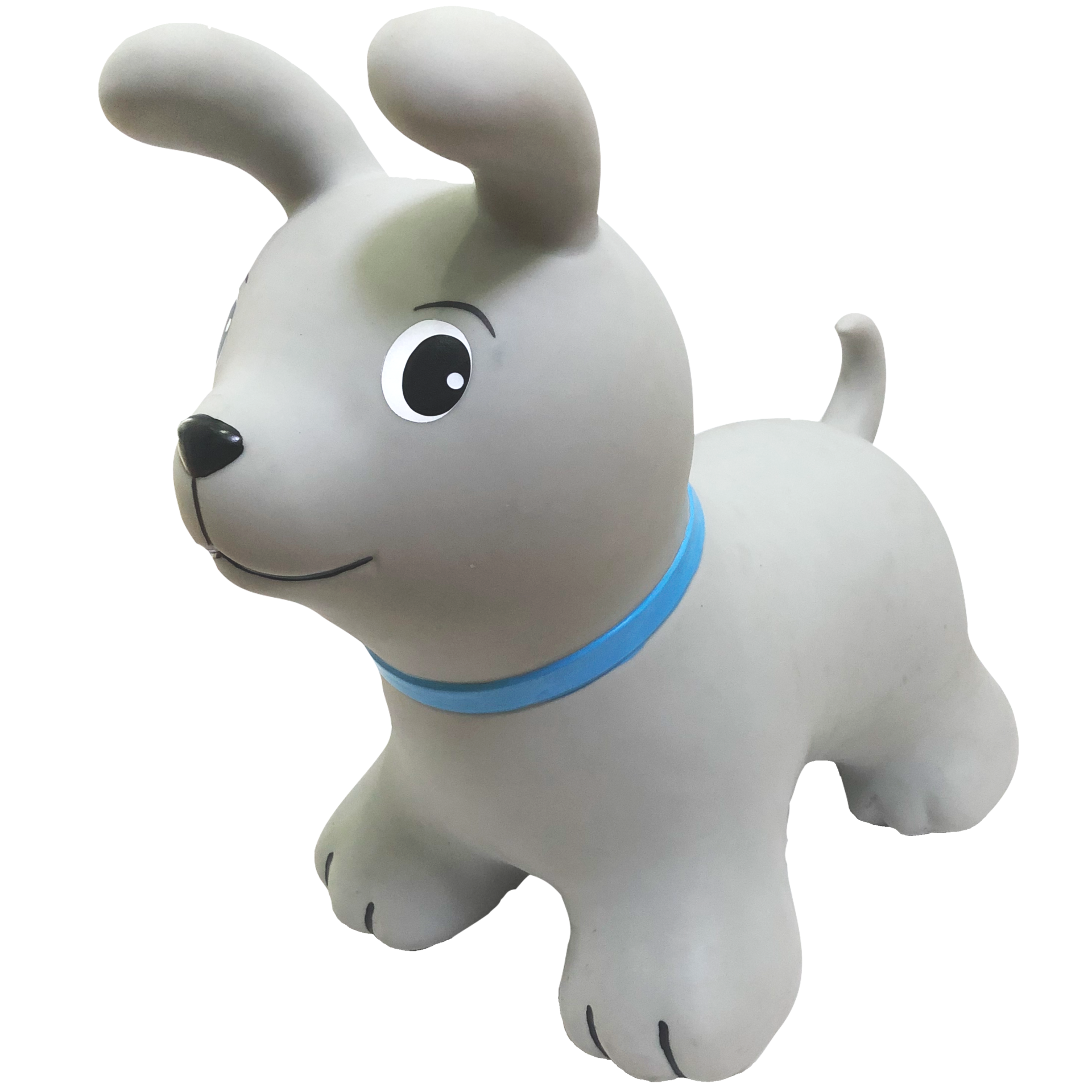 a soft grey jumpy dog toy sitting in a cozy nursery, ready for a child's cuddle