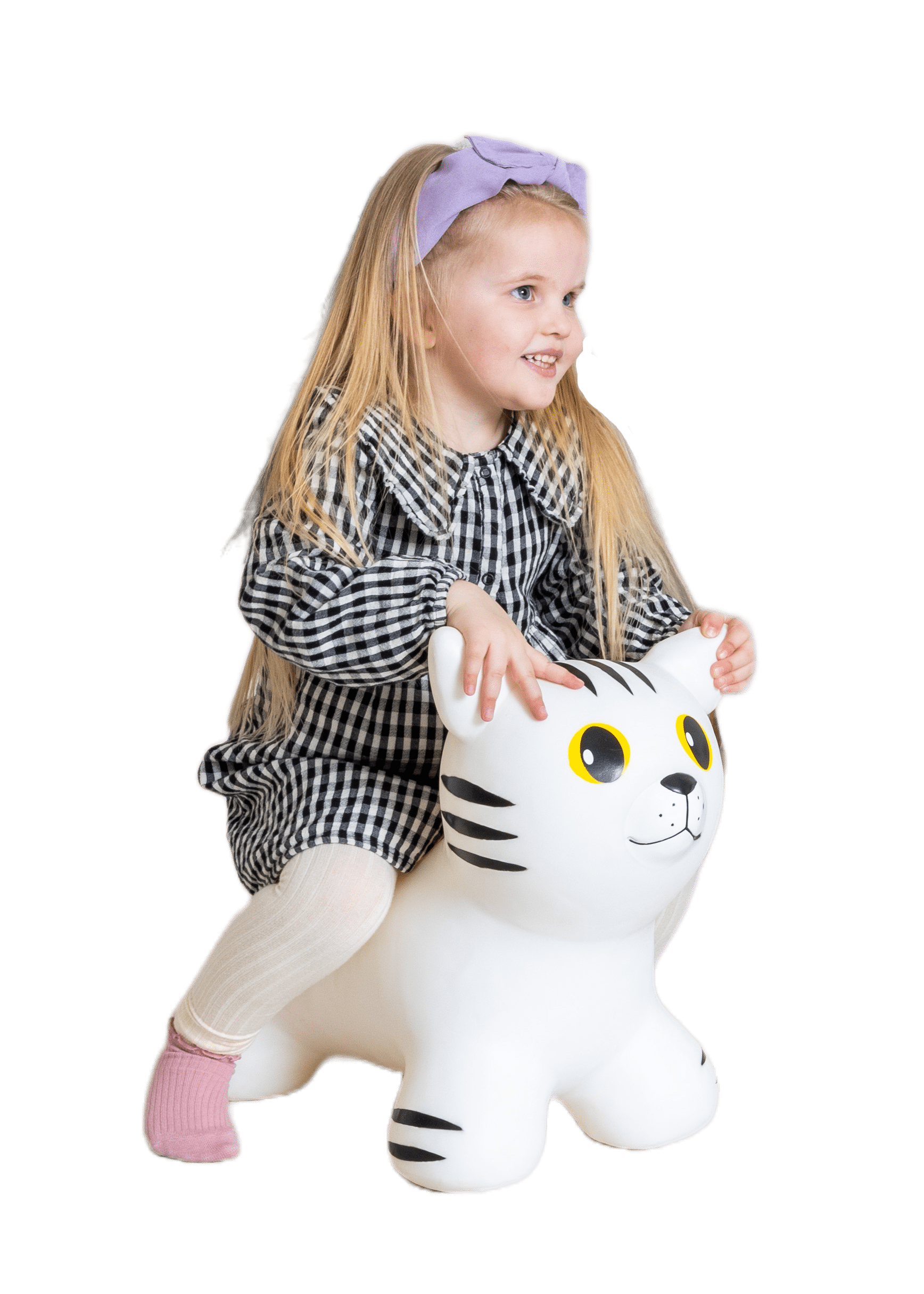 bold white cat hopper toy ready for action on a bright playroom floor