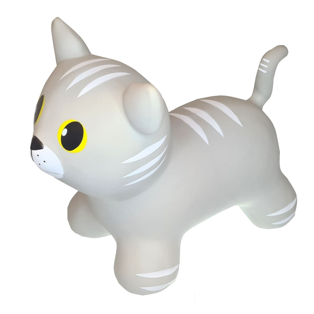 a playful grey cat jumpy toy bouncing on a sunny lawn with a child laughing nearby