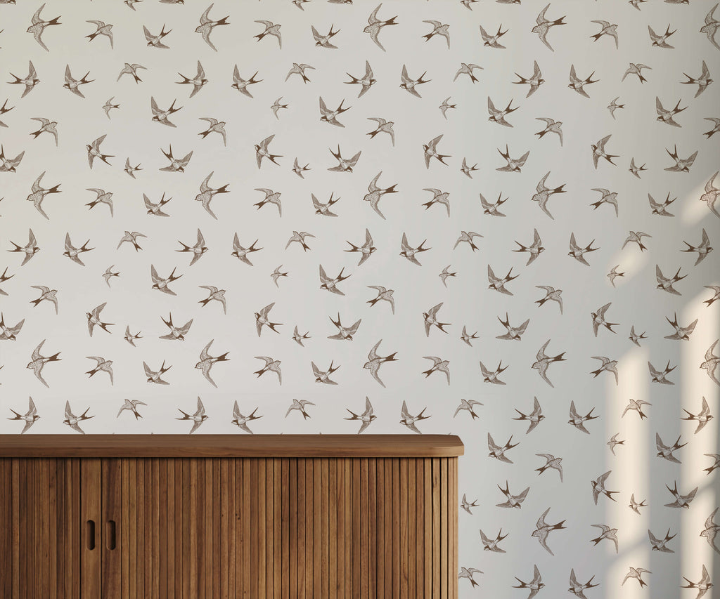 Swallow Wallpaper in Soft Brown