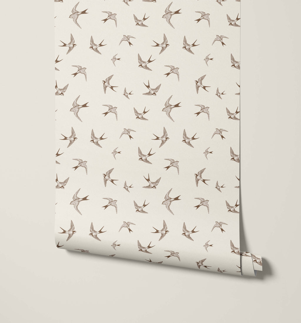 Swallow Wallpaper in Soft Brown