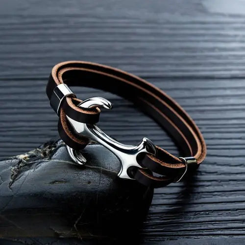 Genuine Leather Anchor Bracelet in Brown