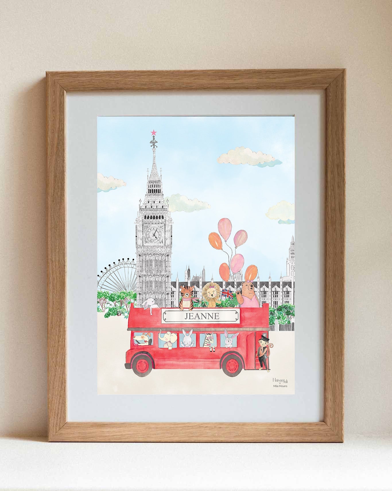 Animals and Big Ben Print for Girls Personalised Nursery Art