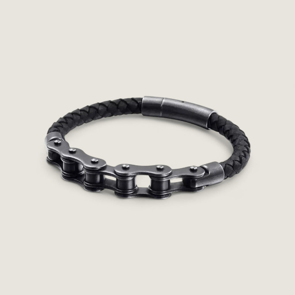 Black Bicycle Chain Stainless Steel and Leather Bracelet