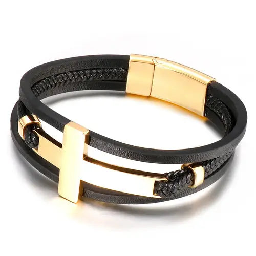 Gold Multi Layer Steel Cross Leather Bracelet for Men