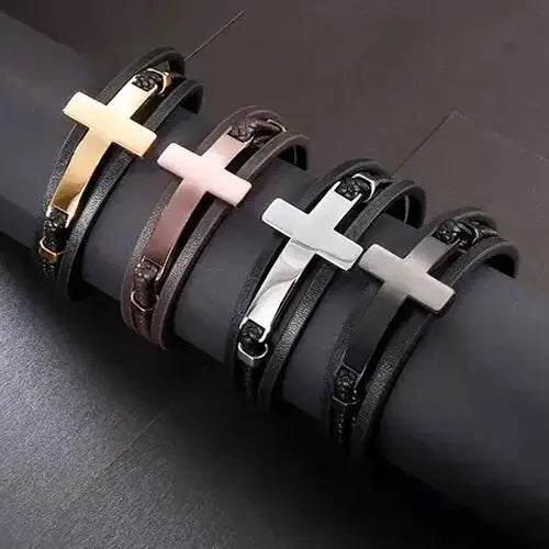 Gold Multi Layer Steel Cross Leather Bracelet for Men
