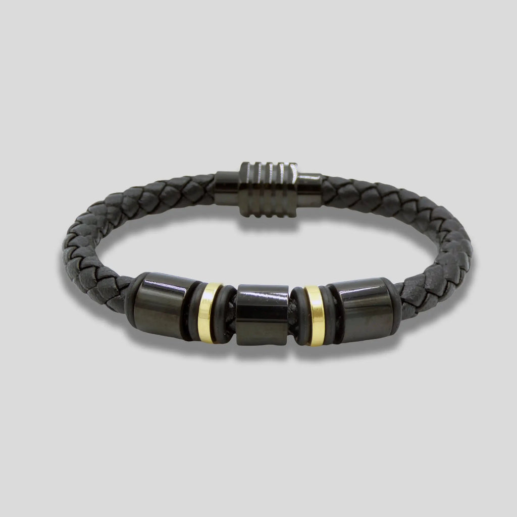 Gold and Black Charm Leather Bracelet
