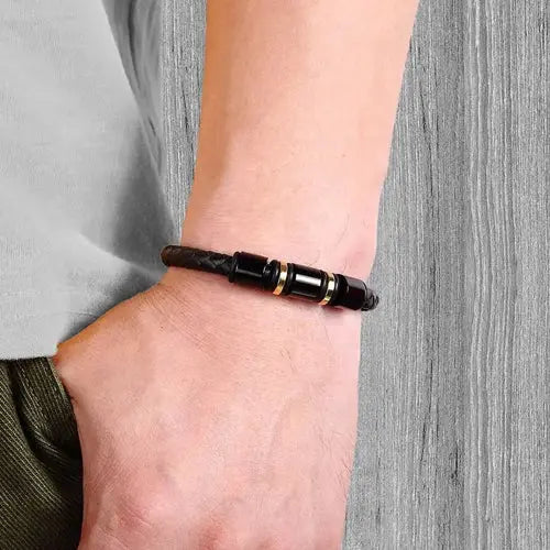 Gold and Black Charm Leather Bracelet