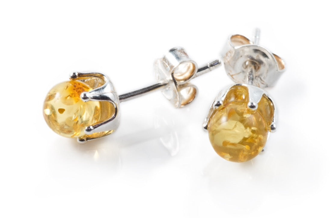 Round Lemon Baltic Amber Bead Silver Stud Earrings