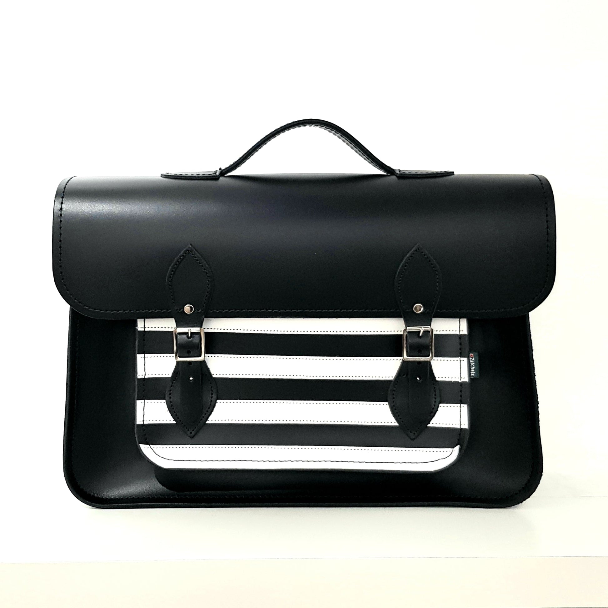 Handmade Leather Satchel Gothic Striped White and Black