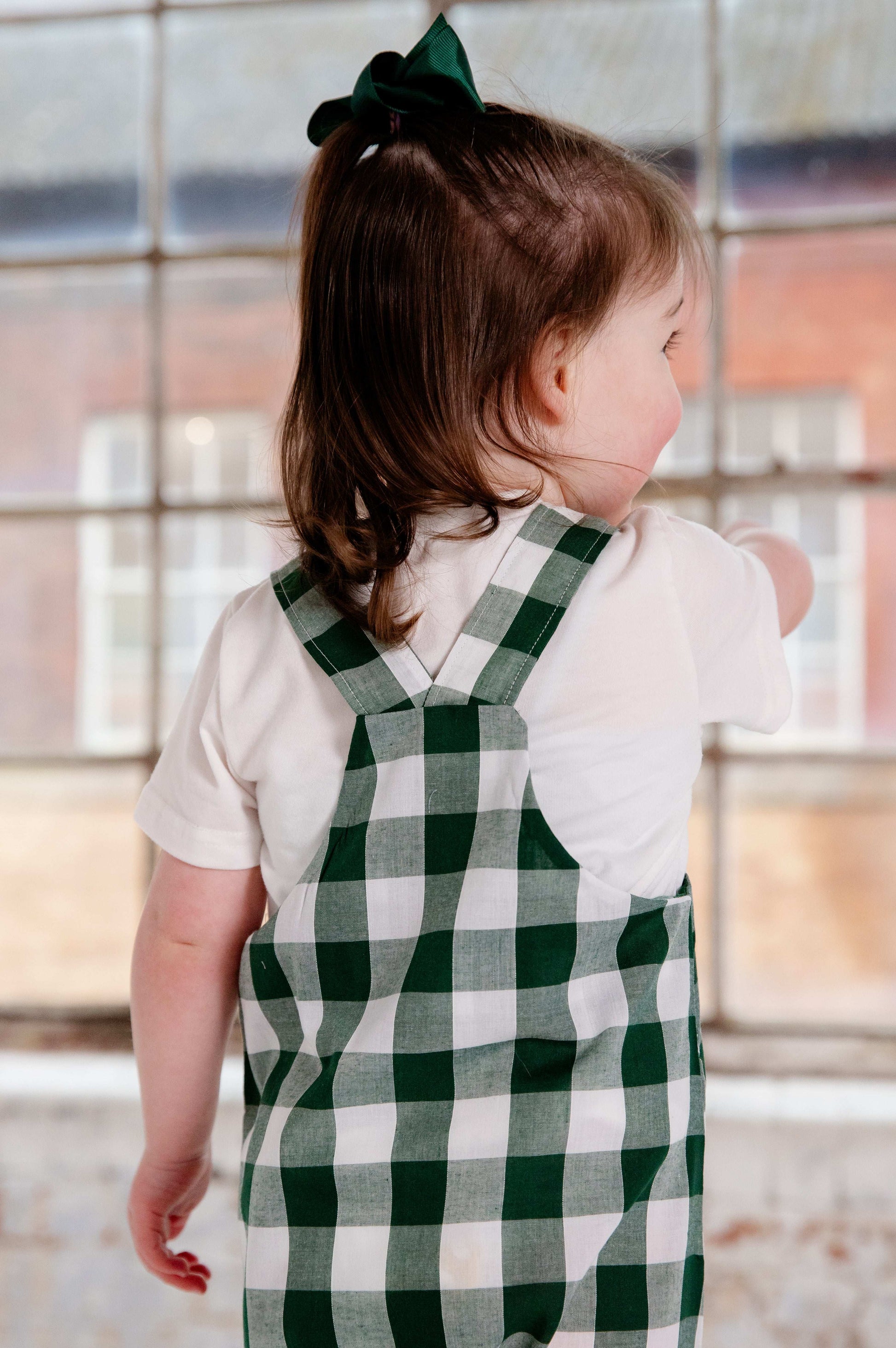 Green Gingham Cotton Dungaree Shorts
