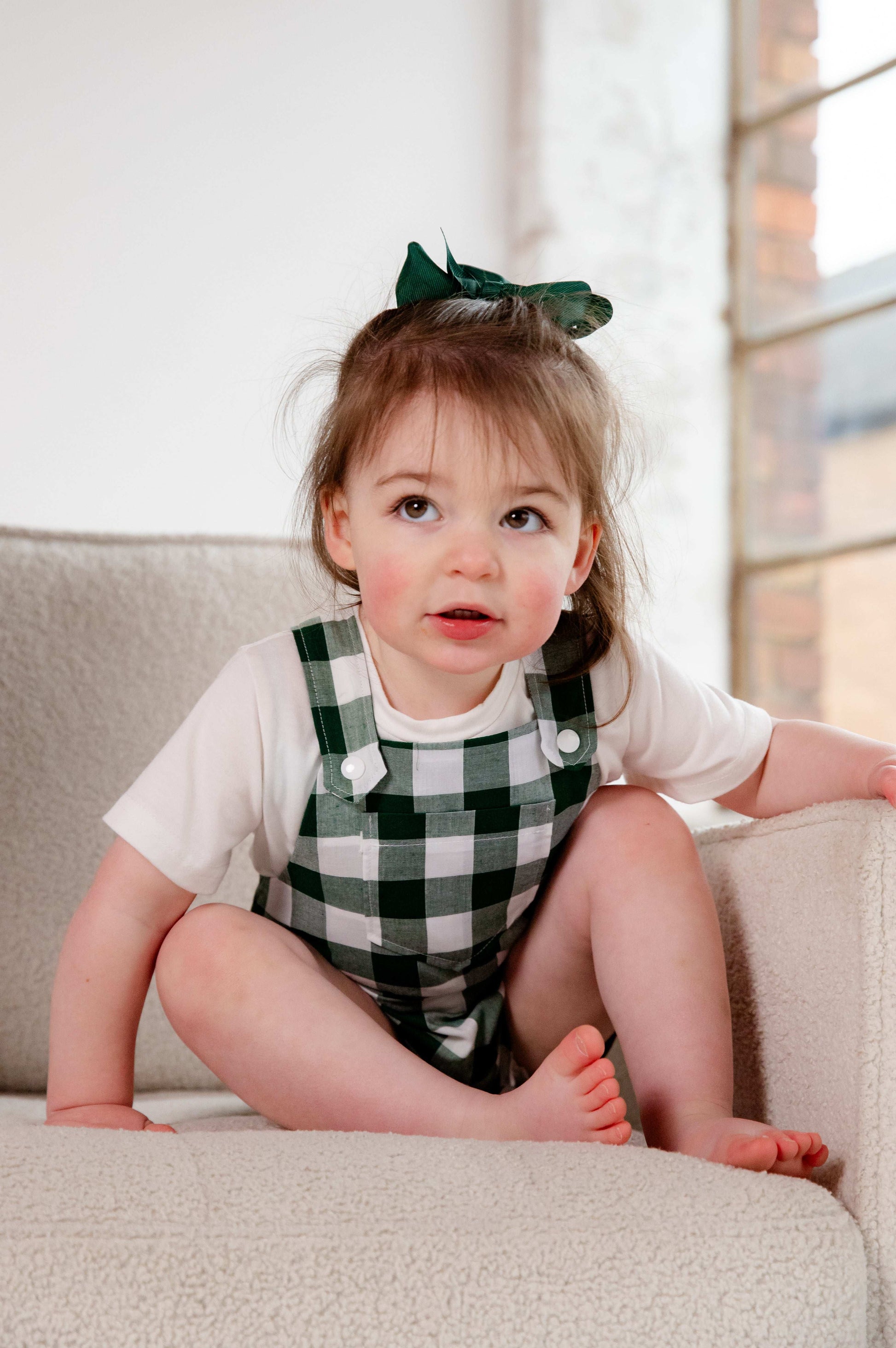 Green Gingham Cotton Dungaree Shorts