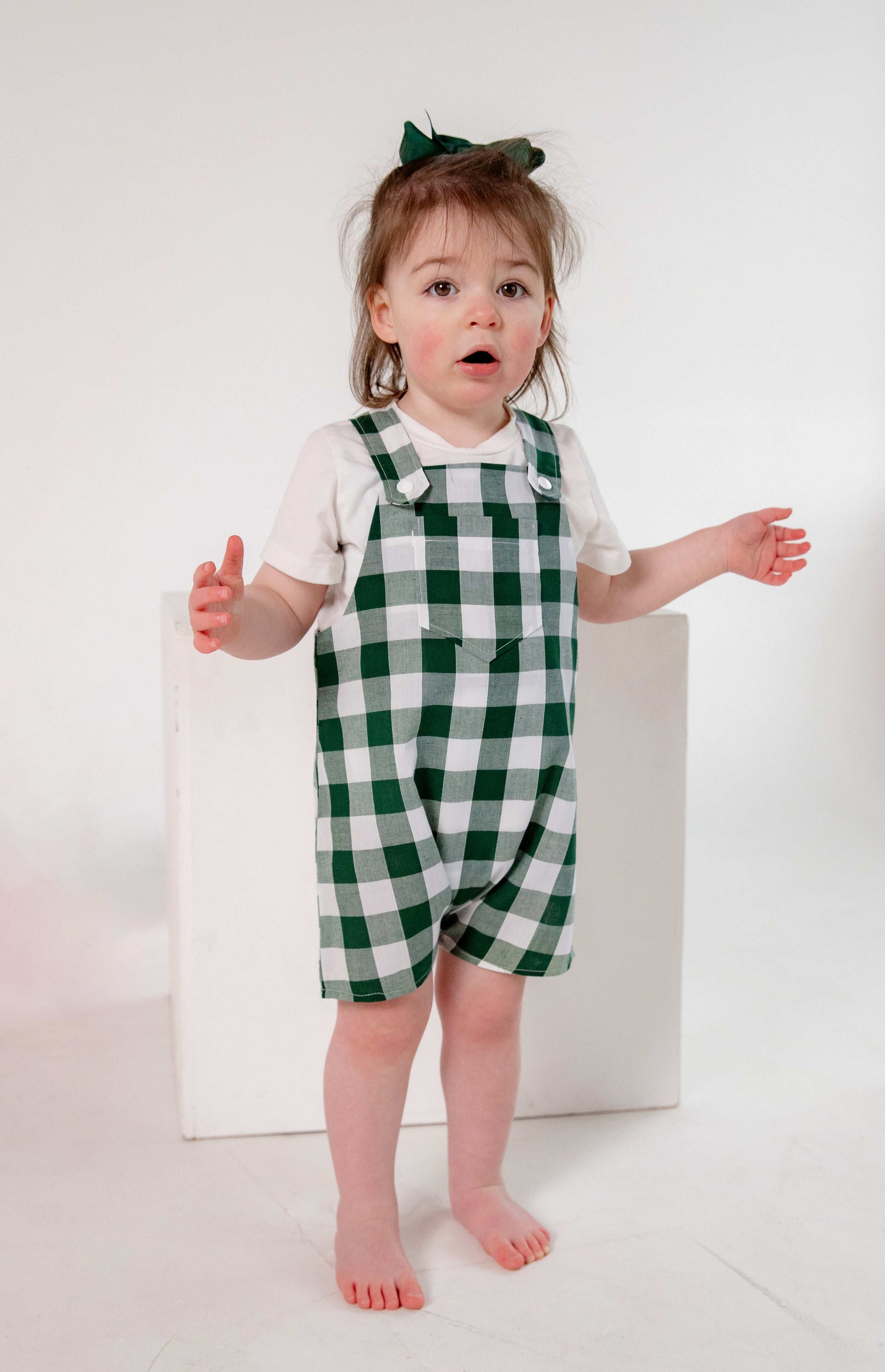 Green Gingham Cotton Dungaree Shorts