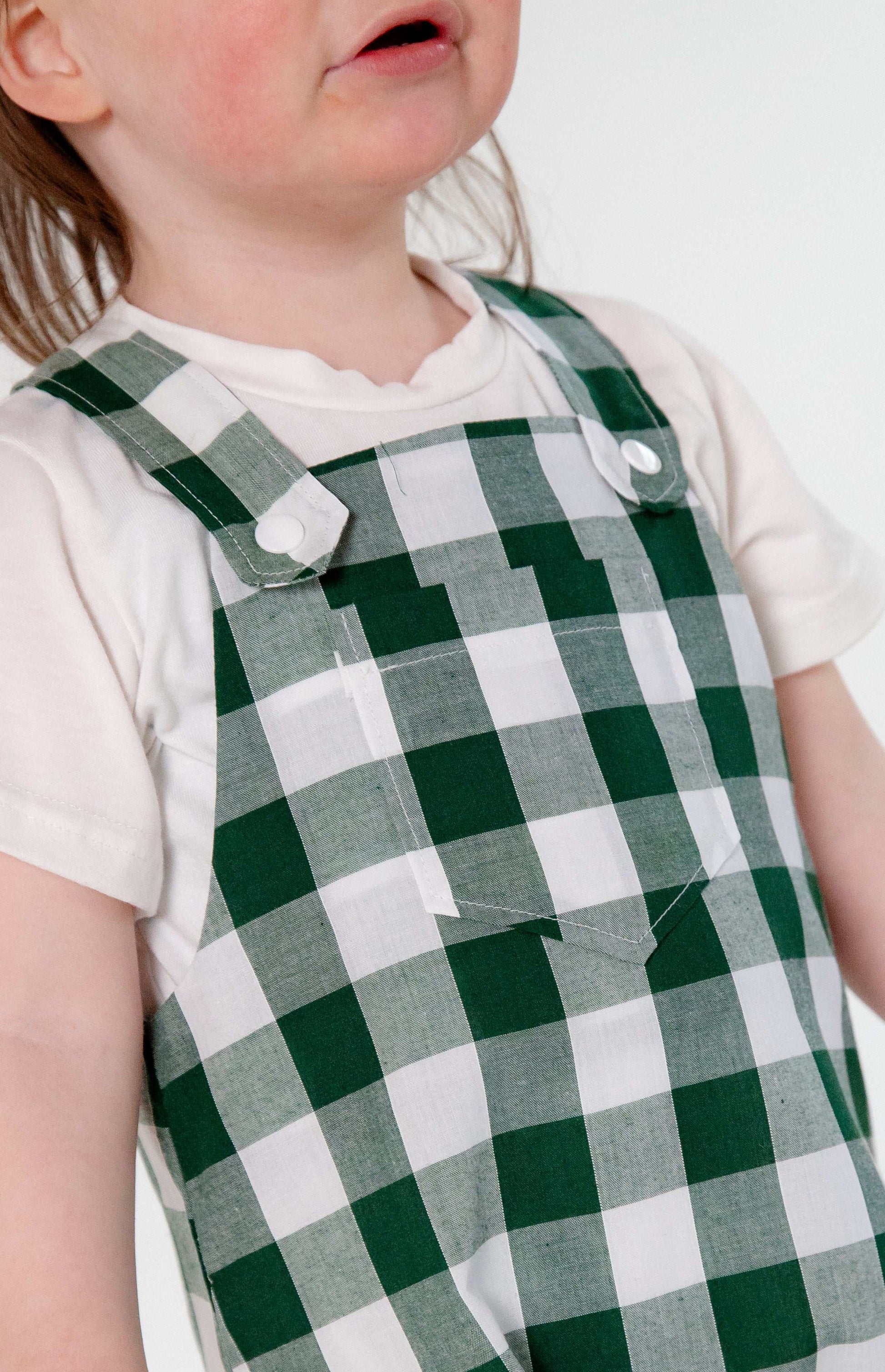 Green Gingham Cotton Dungaree Shorts