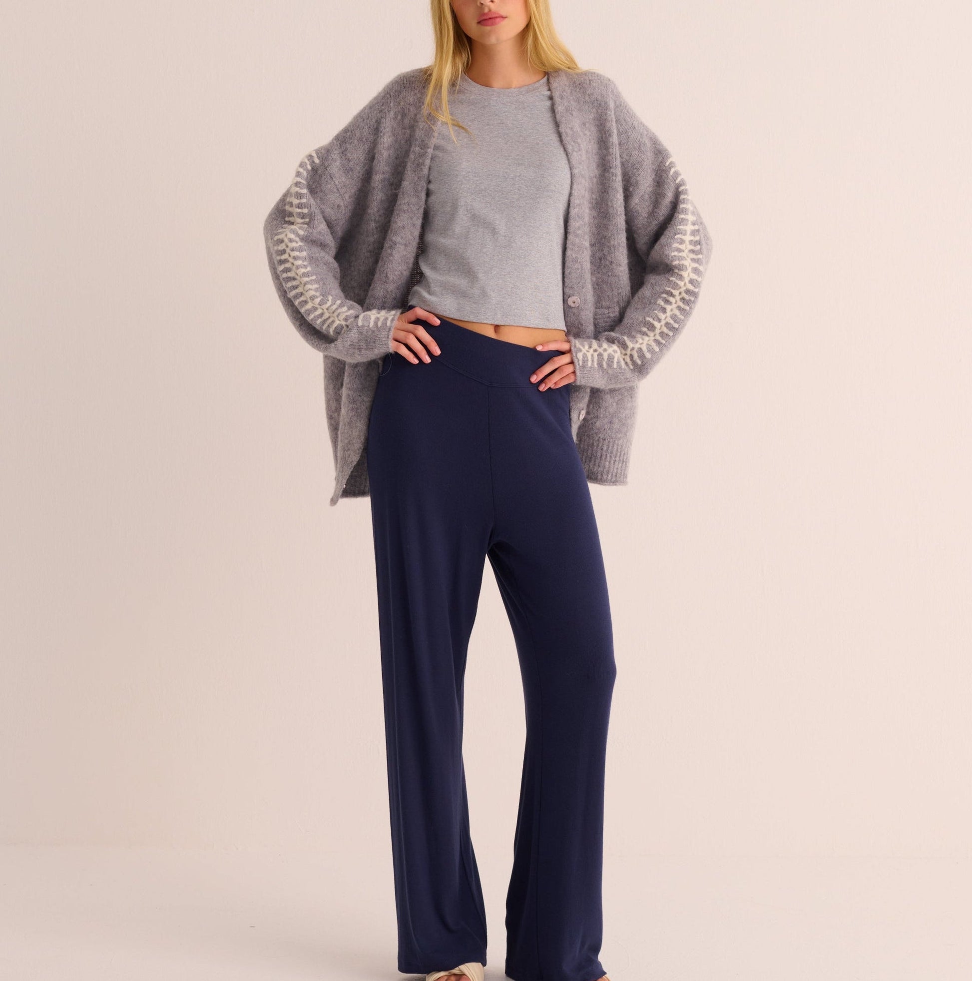 Soft Grey Marl Alpaca Blend Cardigan with Ivory Stitch Detail