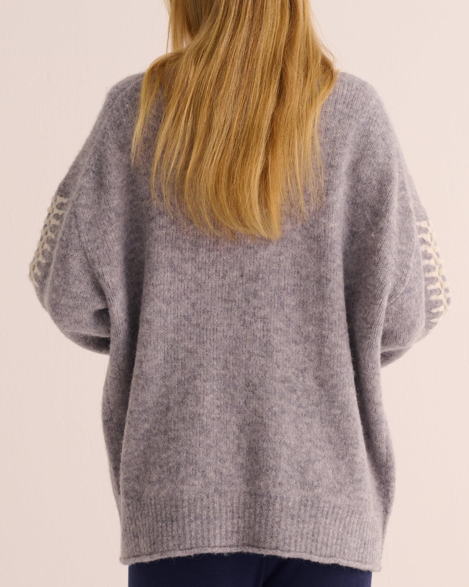 Soft Grey Marl Alpaca Blend Cardigan with Ivory Stitch Detail