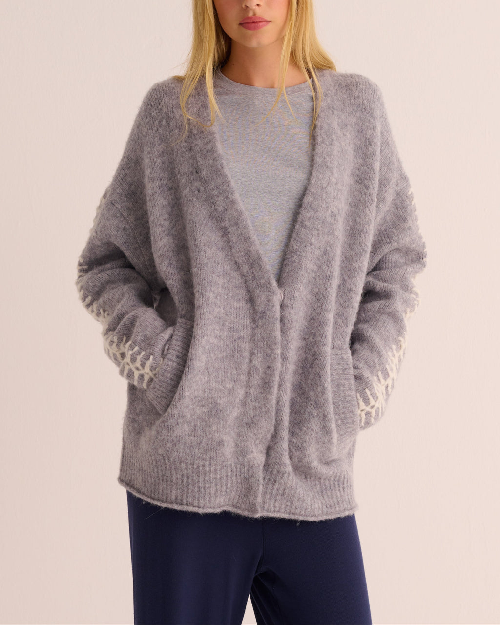 Soft Grey Marl Alpaca Blend Cardigan with Ivory Stitch Detail