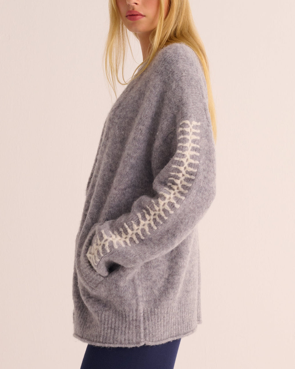 Soft Grey Marl Alpaca Blend Cardigan with Ivory Stitch Detail