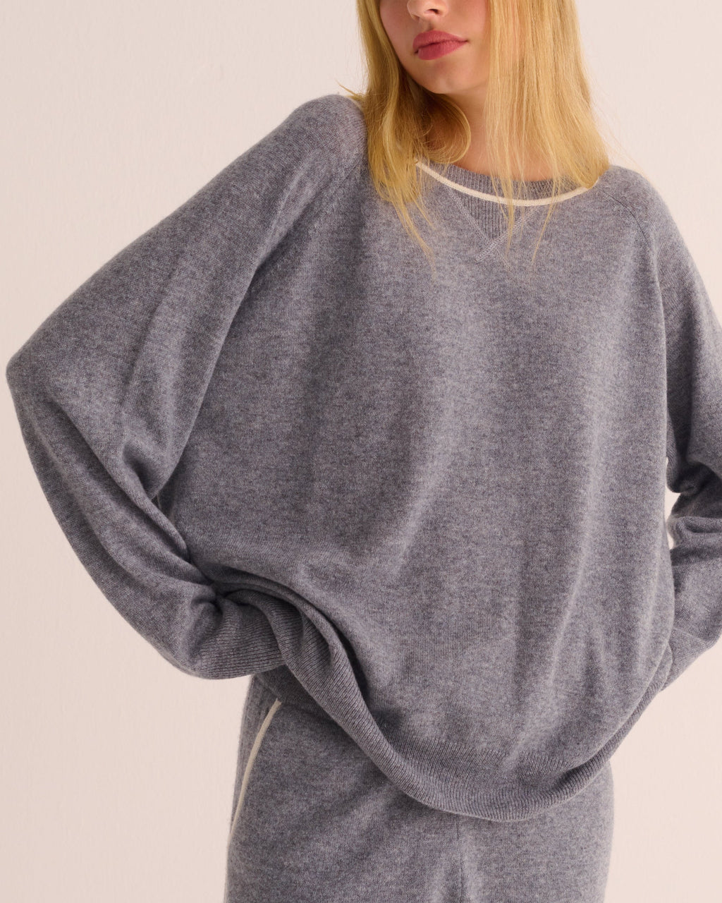 Silver Grey Marl Cashmere Silk Sweatshirt with Ivory Contrast