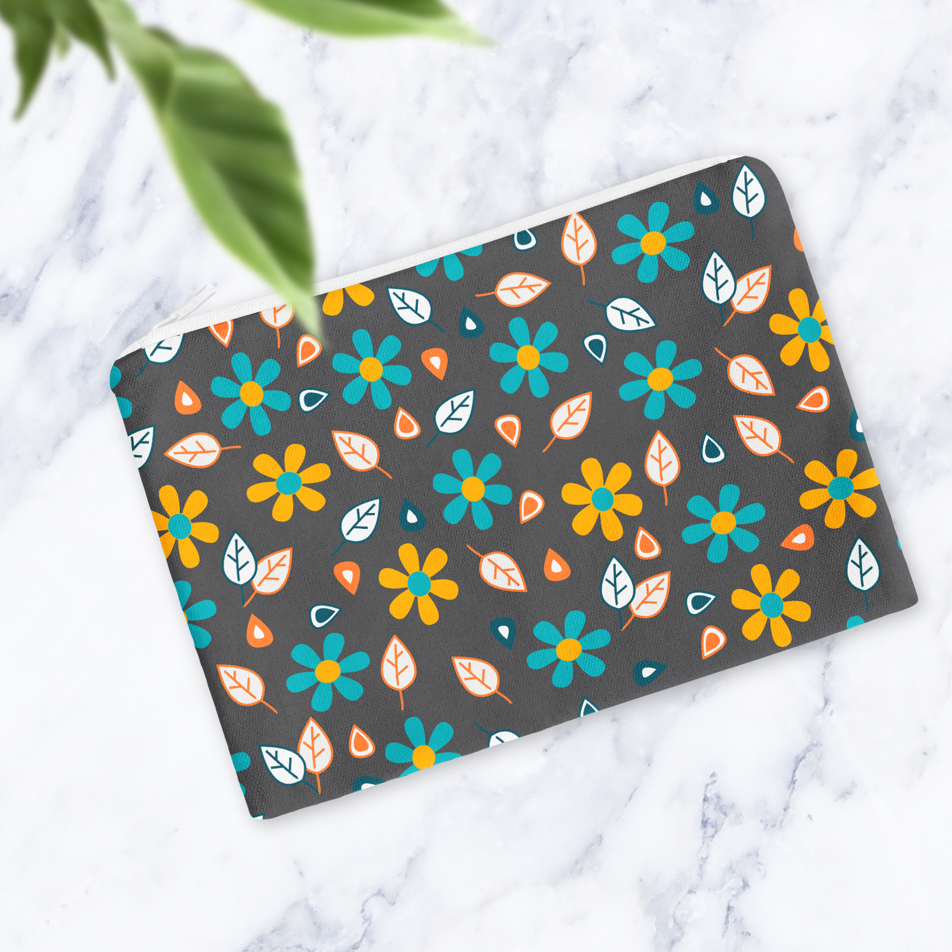 Grey Floral Makeup Bag with Turquoise and Mustard Yellow Flowers