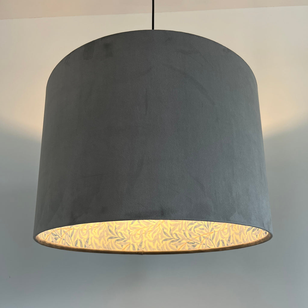 Grey velvet drum lampshade double sided lampshade with William Morris blue leaves cotton interior