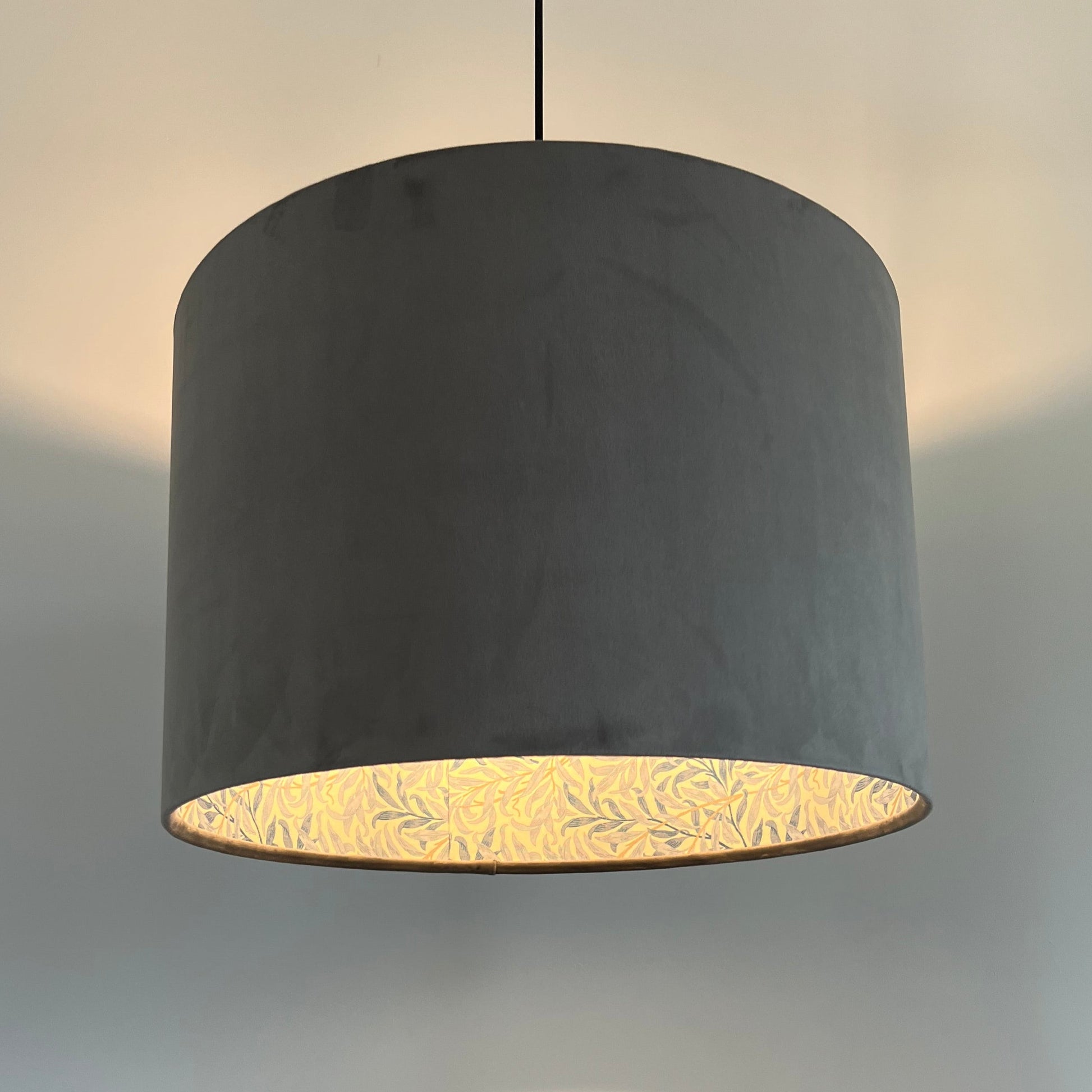Grey velvet drum lampshade double sided lampshade with William Morris blue leaves cotton interior