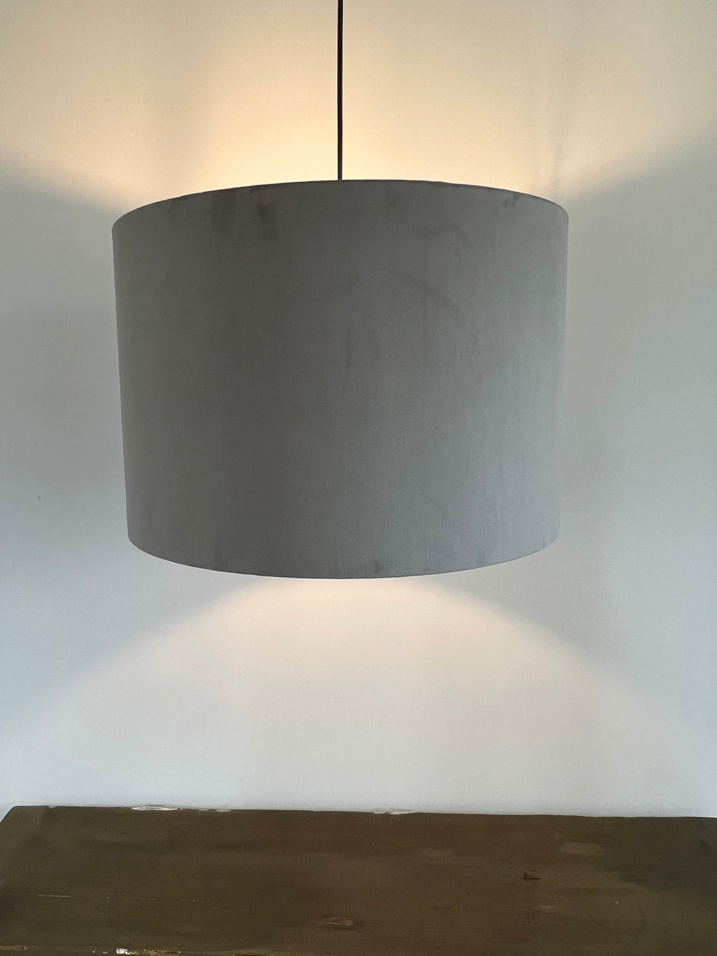 Grey velvet drum lampshade double sided lampshade with William Morris blue leaves cotton interior