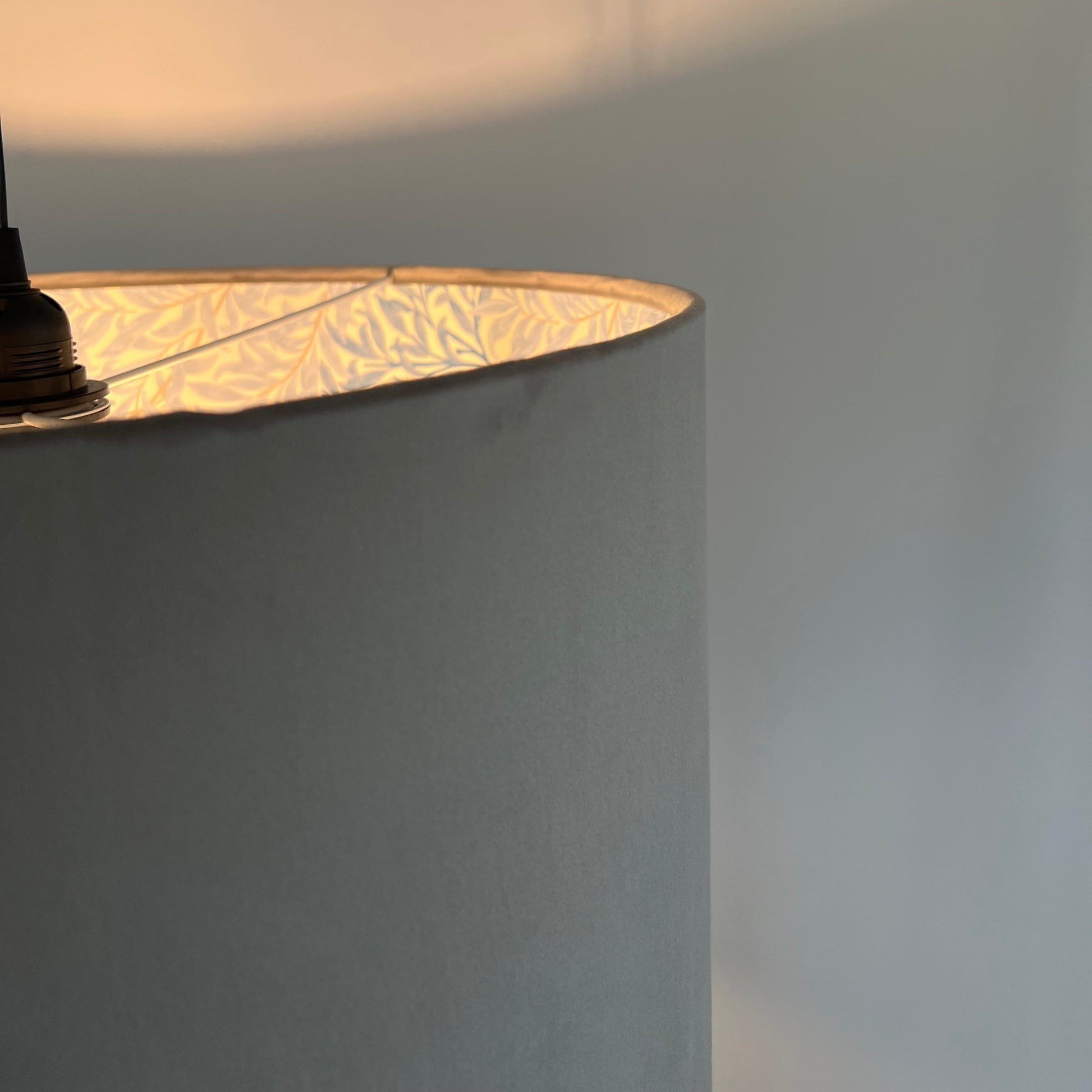 Grey velvet drum lampshade double sided lampshade with William Morris blue leaves cotton interior