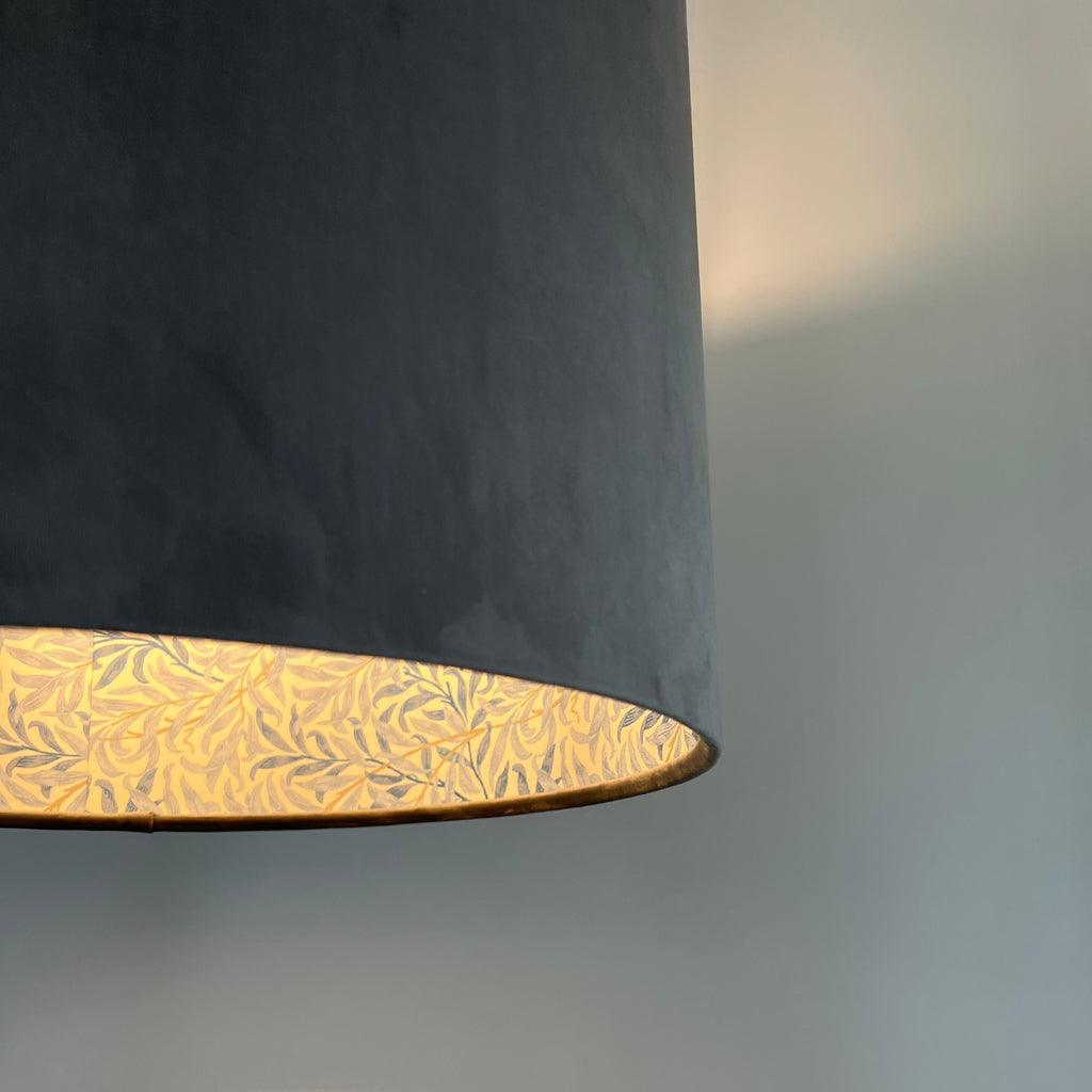 Grey velvet drum lampshade double sided lampshade with William Morris blue leaves cotton interior