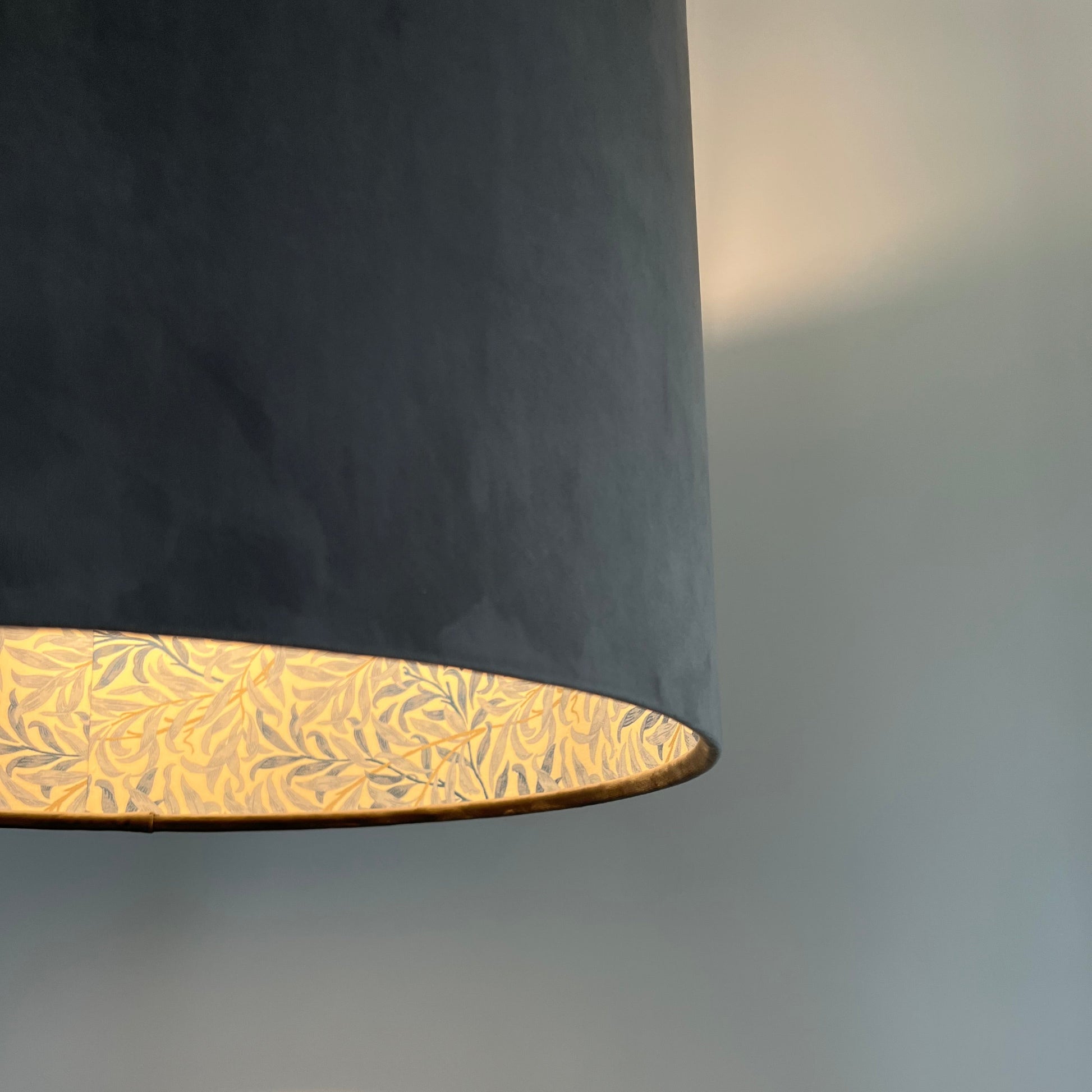 Grey velvet drum lampshade double sided lampshade with William Morris blue leaves cotton interior