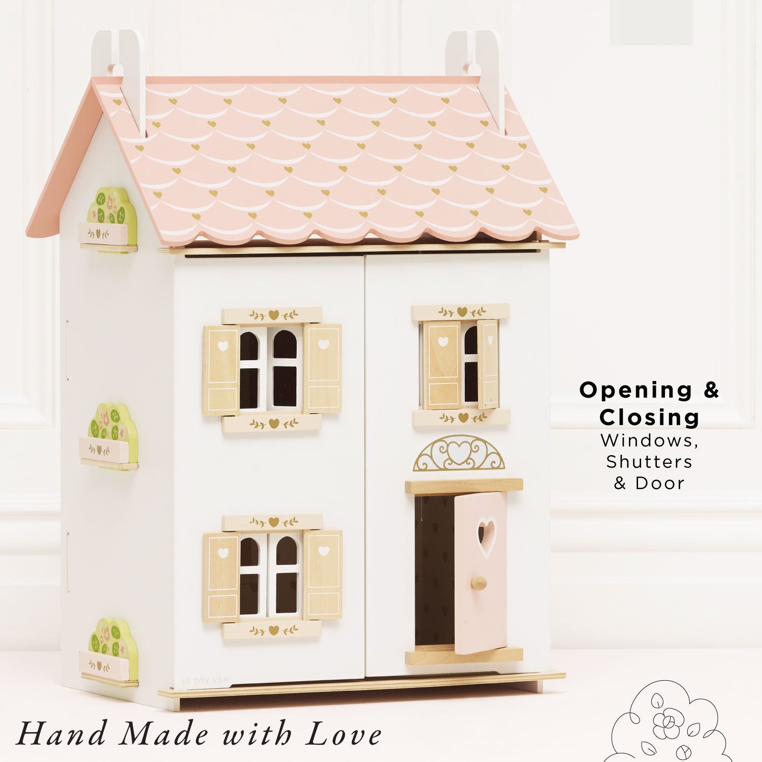 Wooden Dolls House with Pink Heart Details