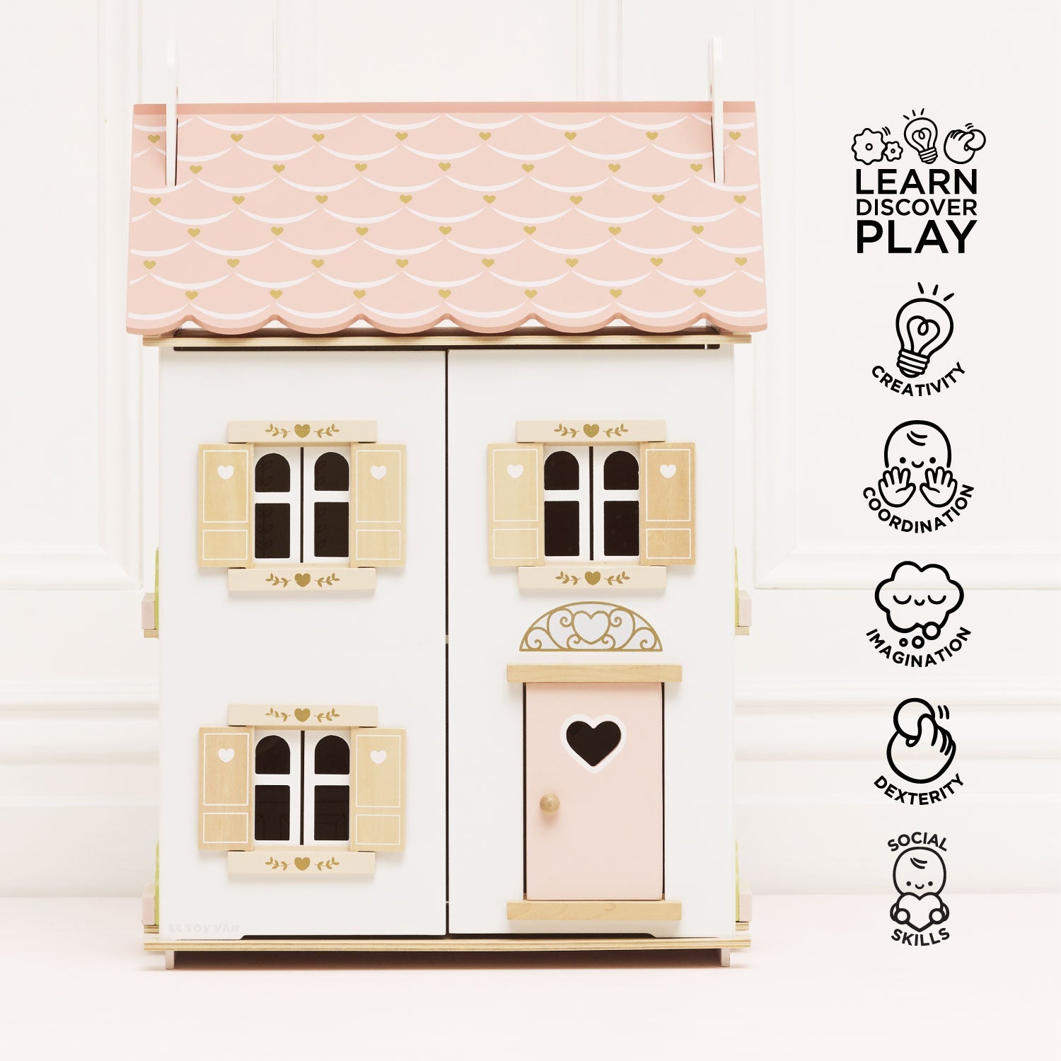 Wooden Dolls House with Pink Heart Details