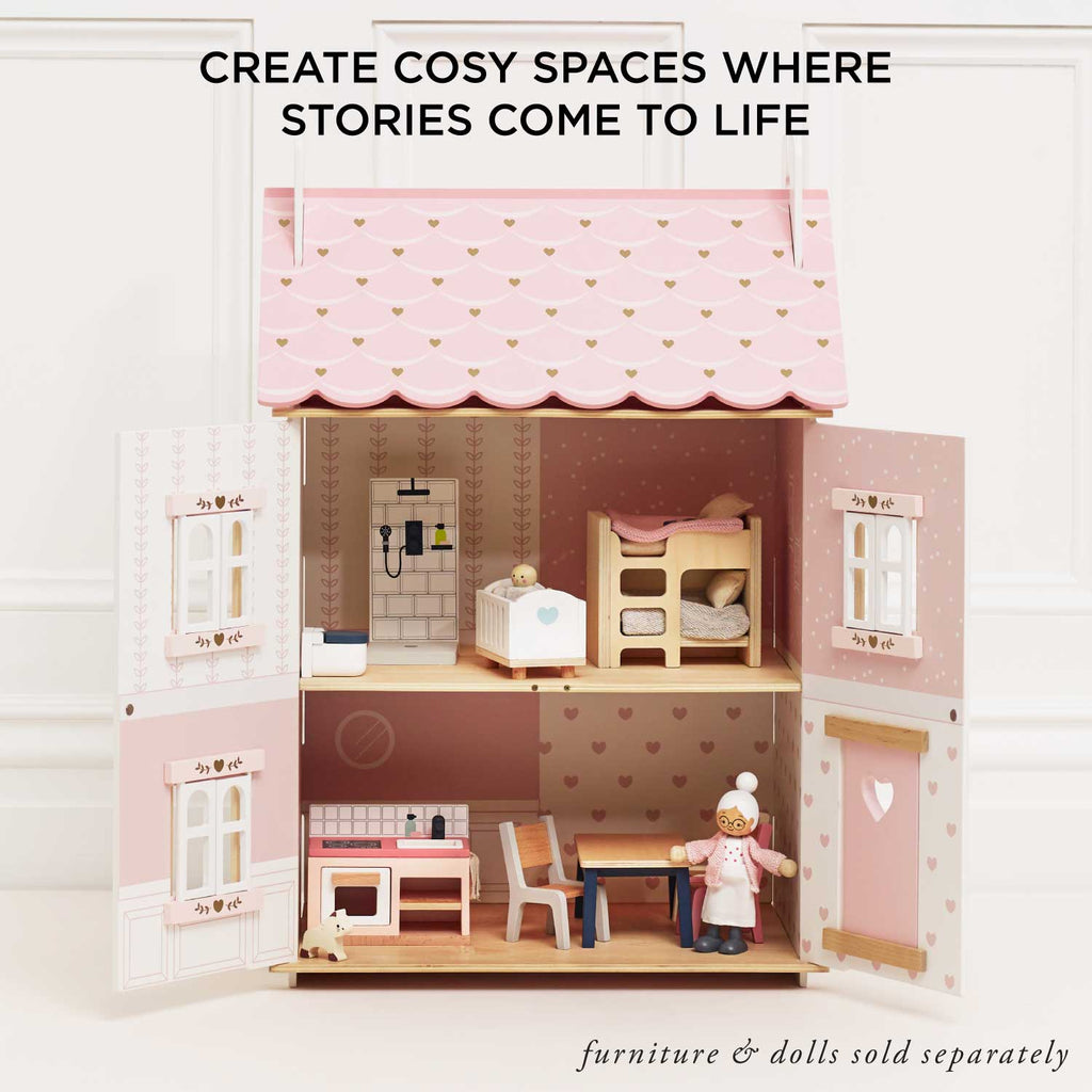 Wooden Dolls House with Pink Heart Details