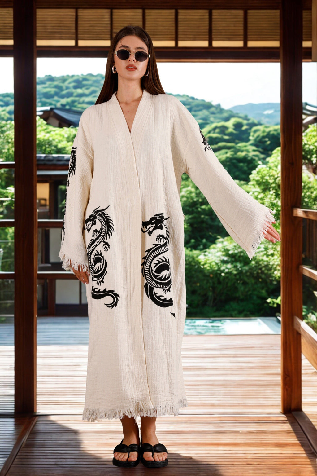 Cream Kimono with Hand Printed Dragon Motif