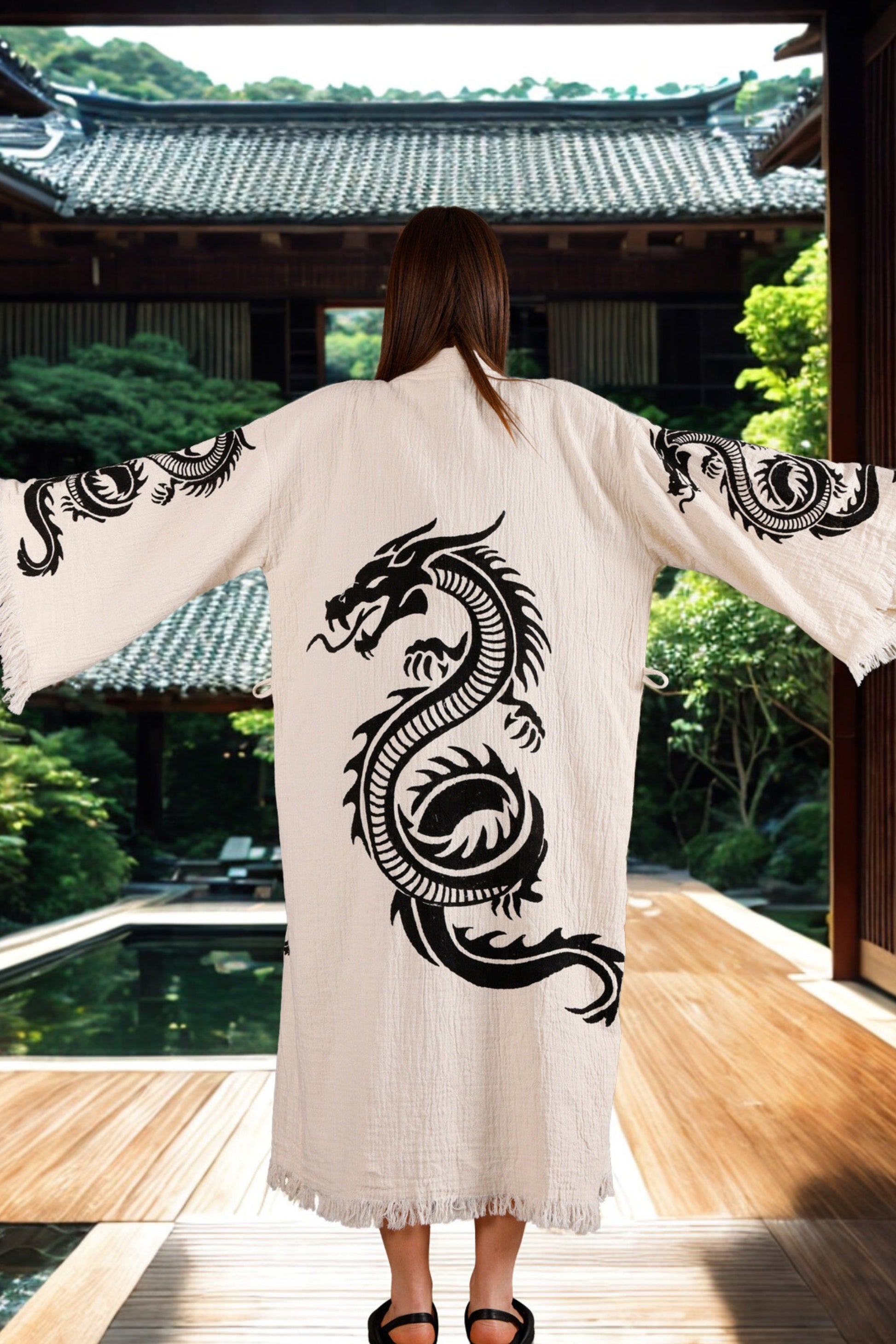 Cream Kimono with Hand Printed Dragon Motif