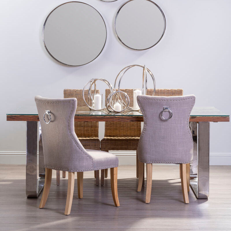 Natural Wood and Clear Glass Dining Table with Silver U Shaped Metal Legs