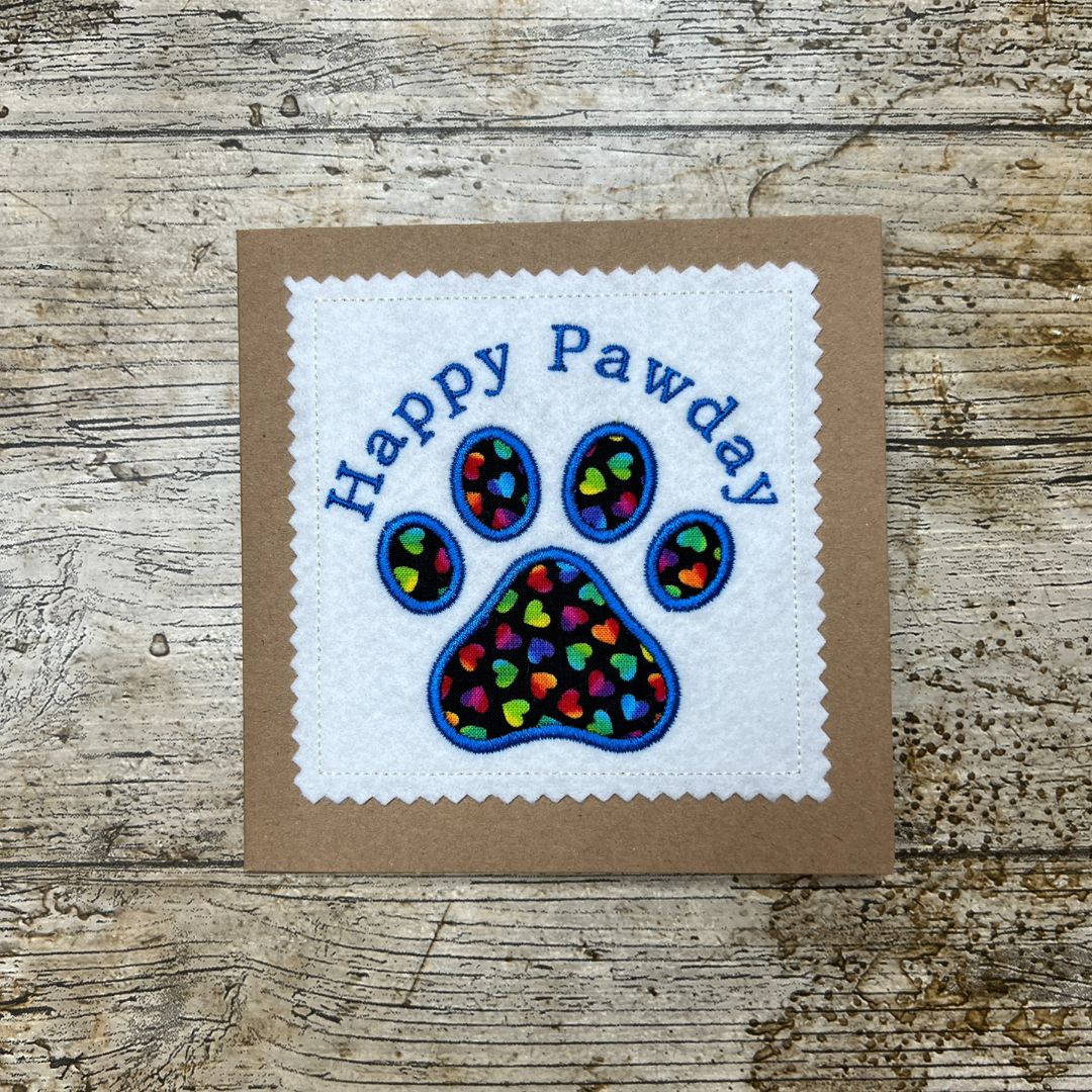 Happy Pawday Birthday Card with Embroidered Applique Pawprint