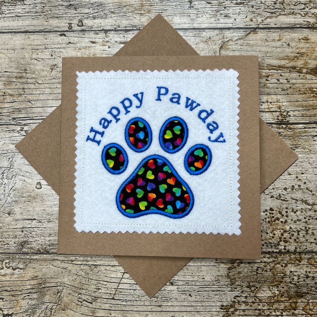 Happy Pawday Birthday Card with Embroidered Applique Pawprint