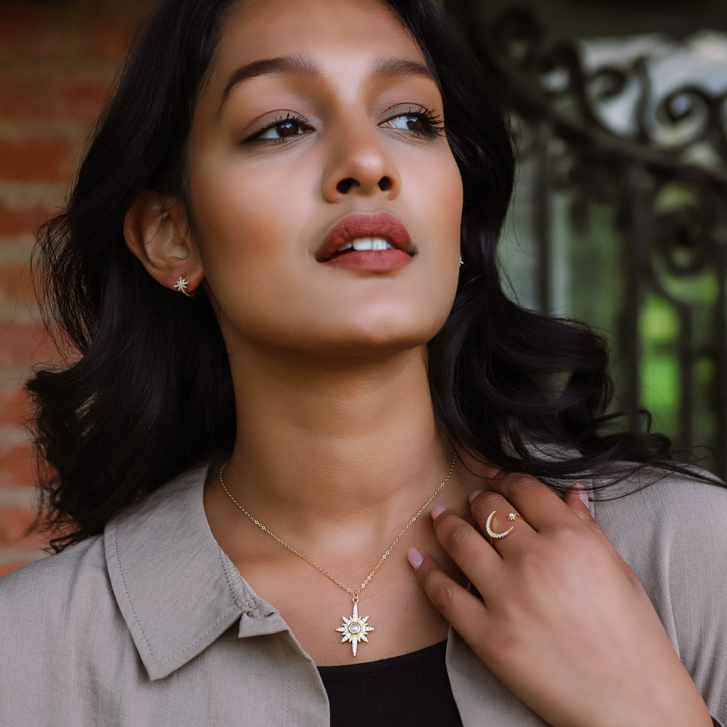 Star and Moon Birthstone Ring in 18K Gold Plated Silver