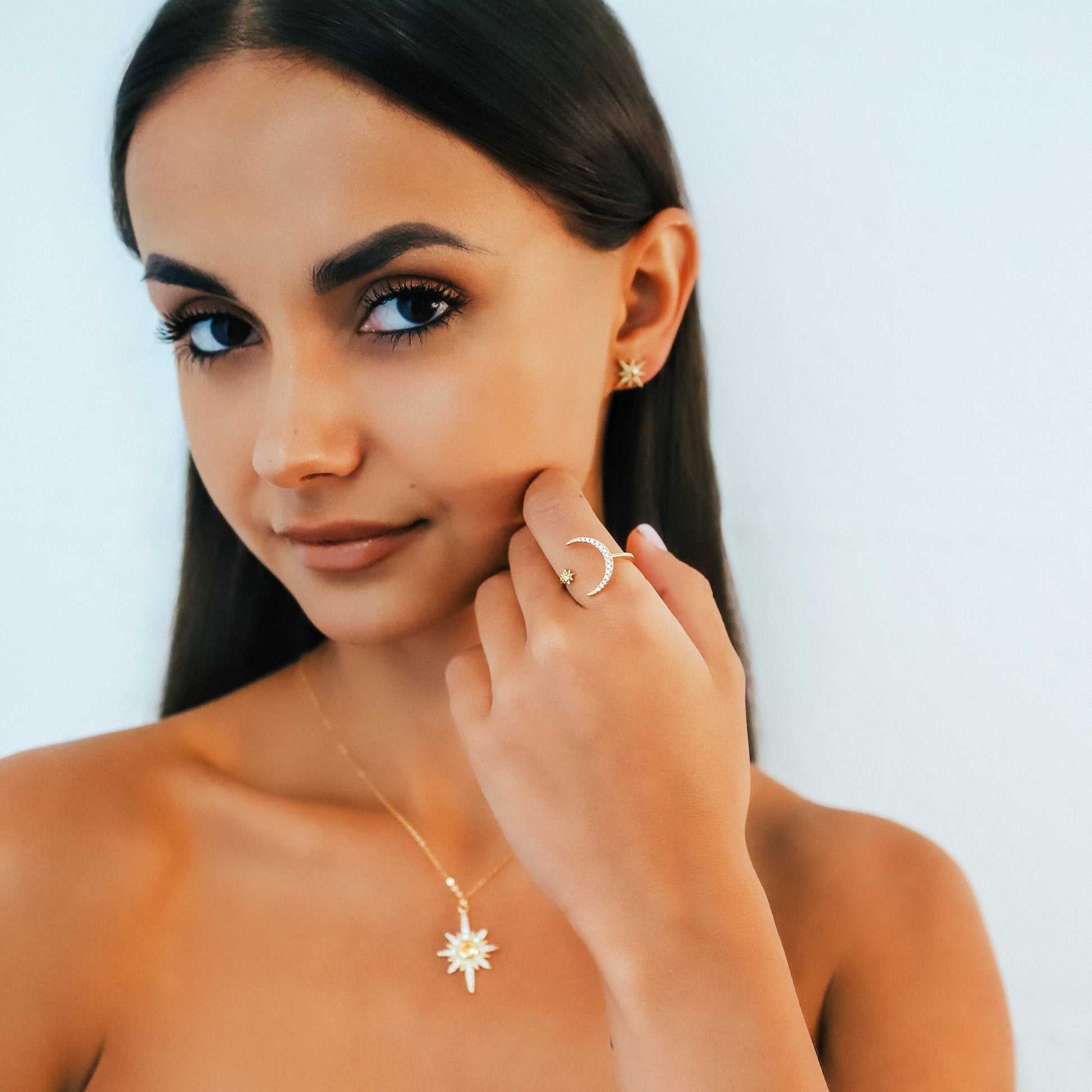 Star and Moon Birthstone Ring in 18K Gold Plated Silver