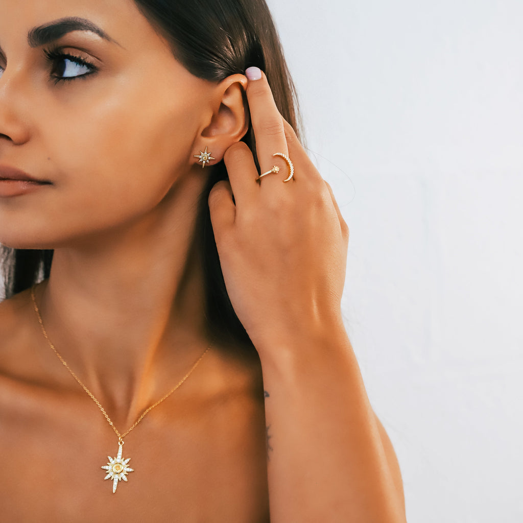 Star and Moon Birthstone Ring in 18K Gold Plated Silver