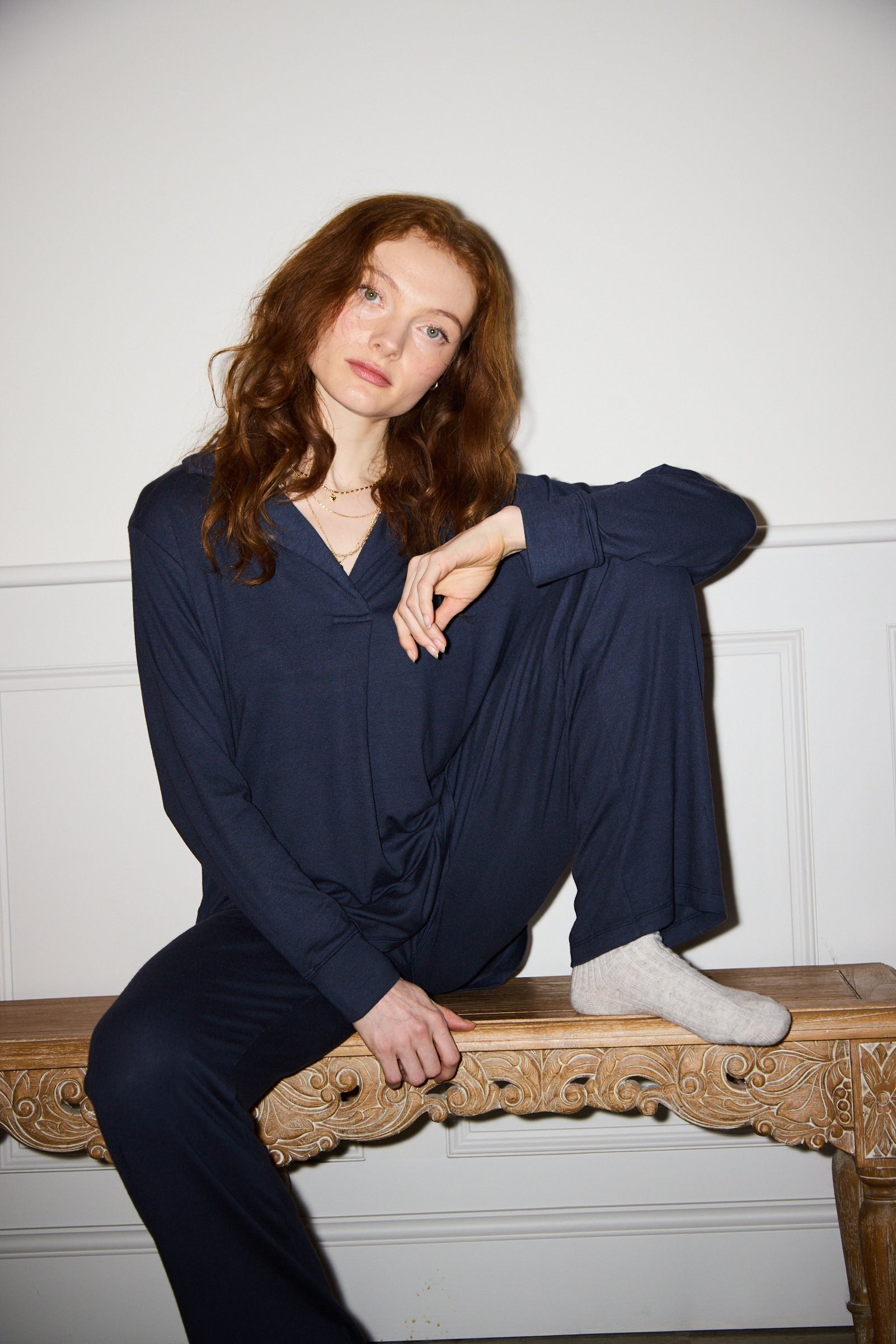Navy Oversized Retro Ribbed Soft Modal Shirt and Wide Leg Jogger Set
