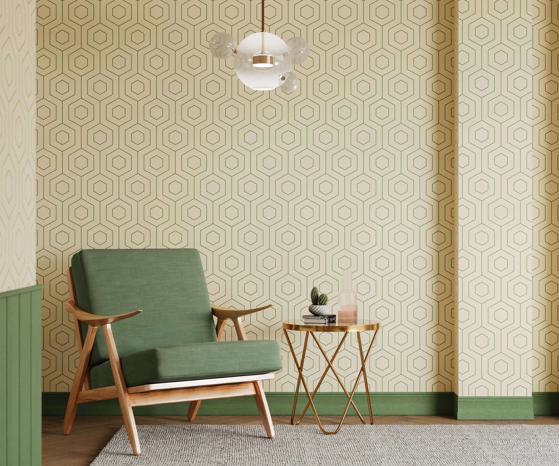 Modern living room with green armchair, side table, and geometric patterned wallpaper.