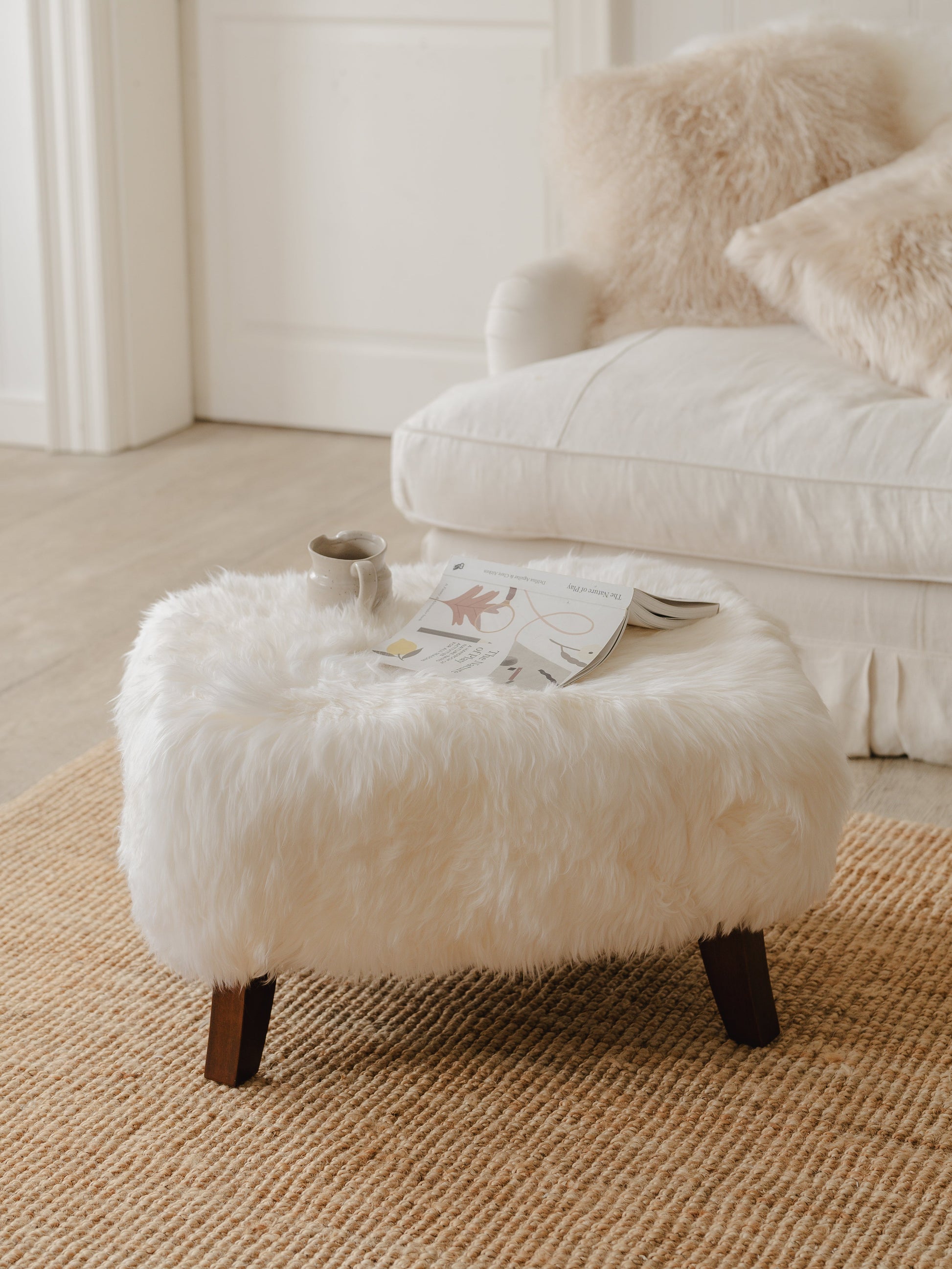 Pure White Sheepskin Stool with Wood Legs
