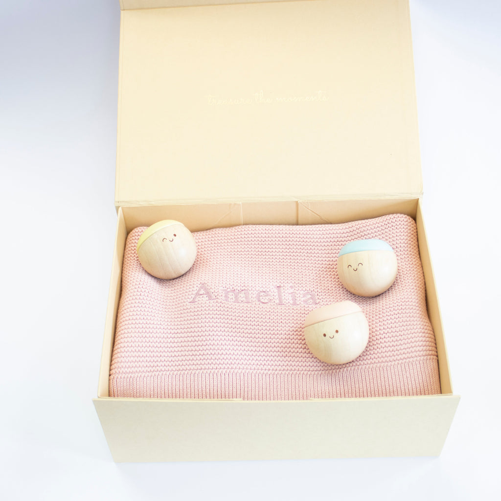 Organic Cotton Blanket and Wooden Sensory Balls Gift Set