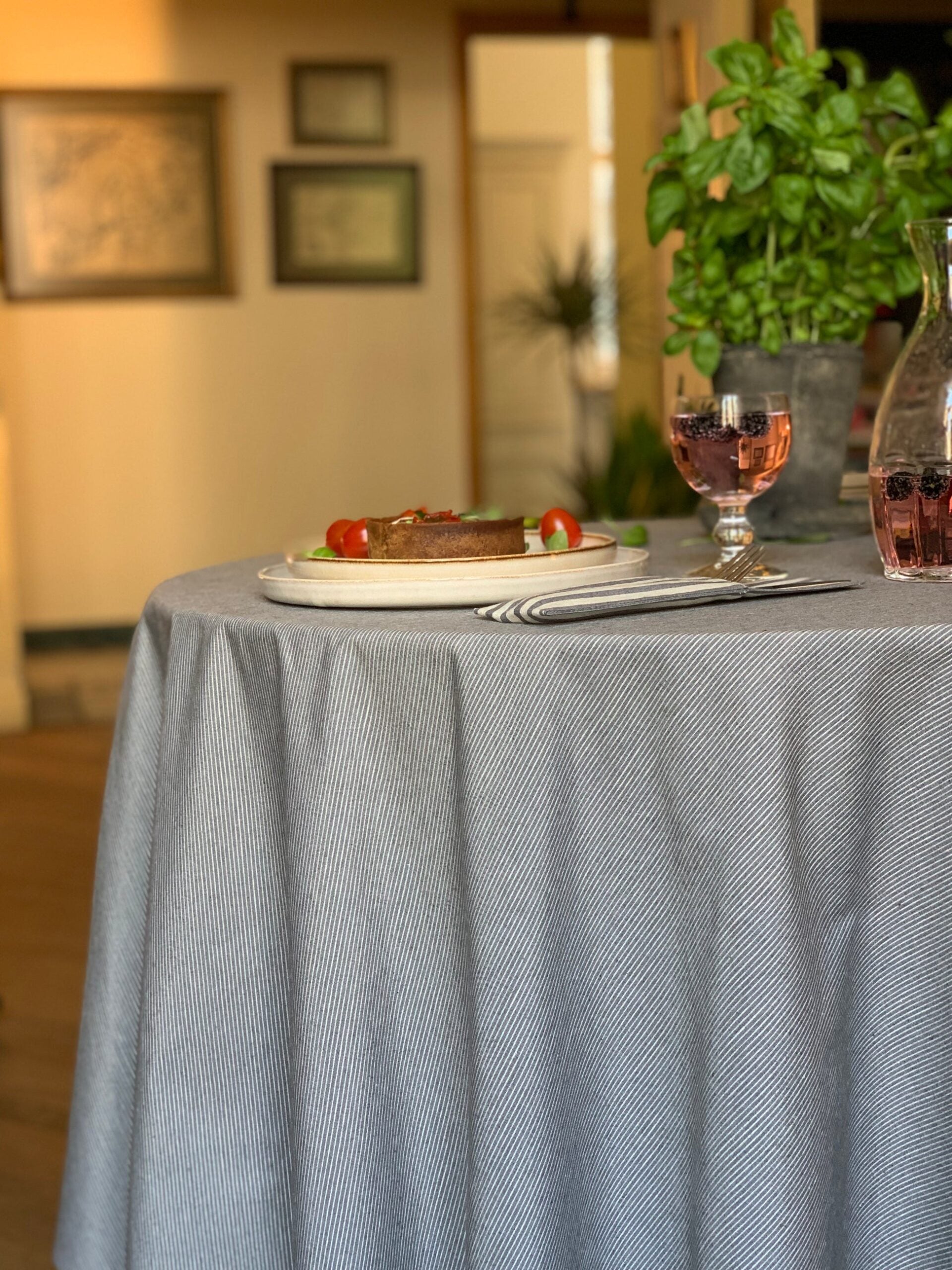 Eco-Friendly Round Tablecloth – Nordic Beige & Blue Design by Hortensias Home at www.brixbailey.com