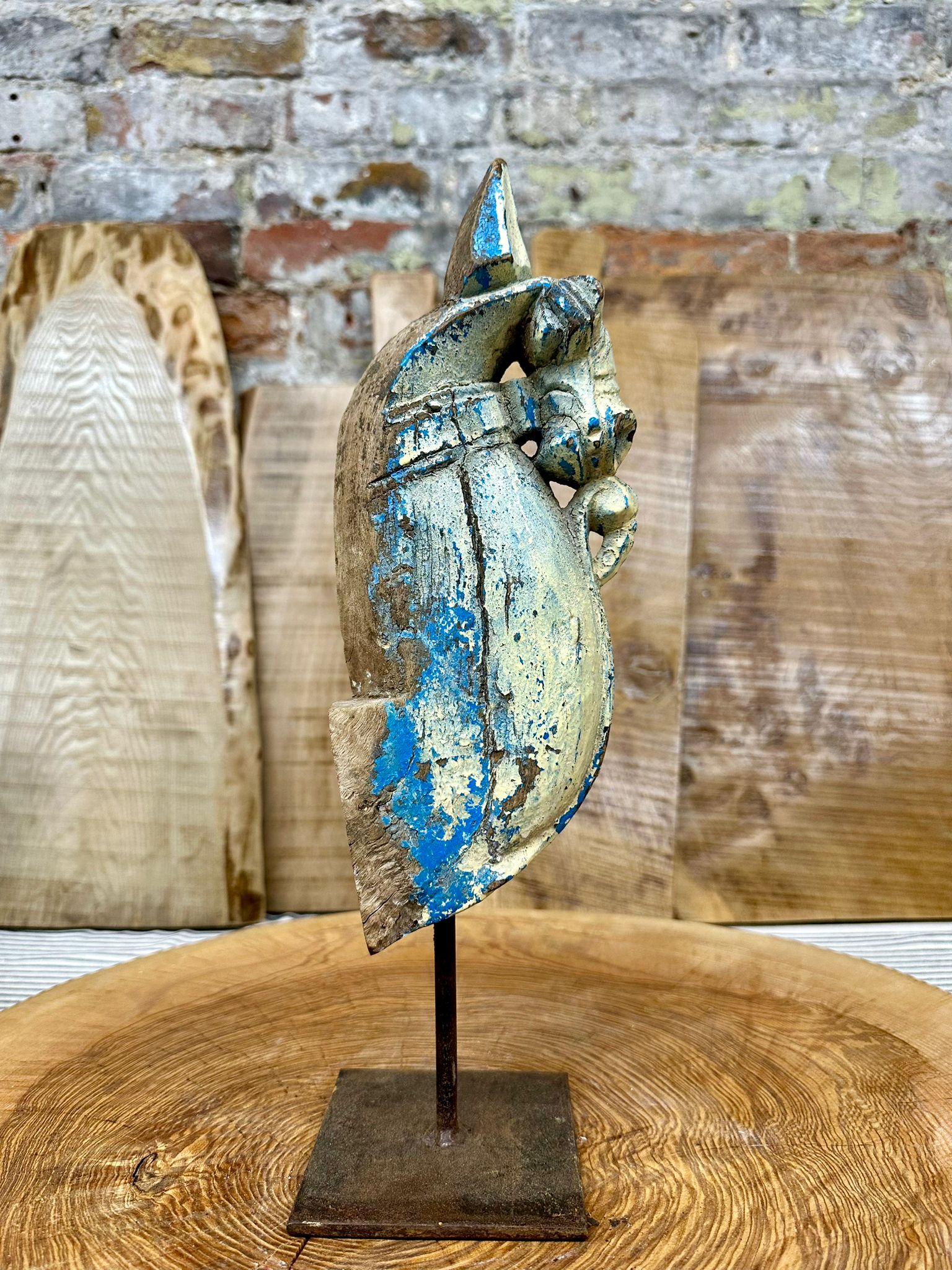 Vintage Handmade Carved Wooden Horse Head Ornament on Metal Stand