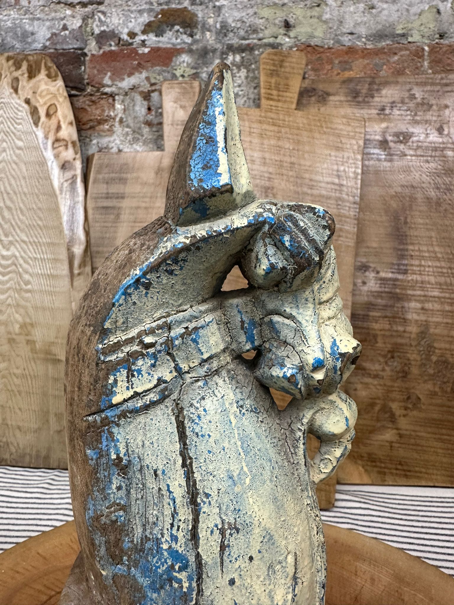 Vintage Handmade Carved Wooden Horse Head Ornament on Metal Stand