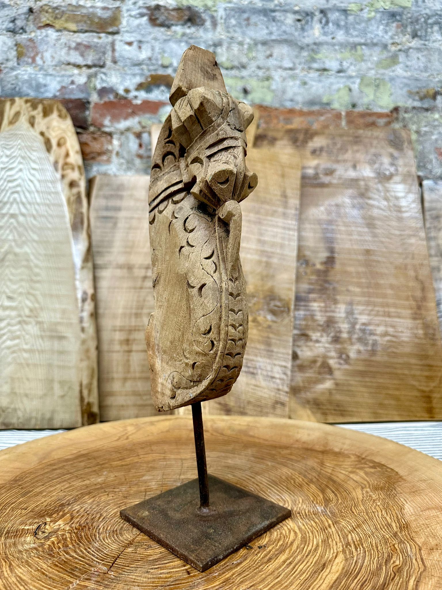 Vintage Handmade Carved Wooden Horse Head Ornament on Metal Stand