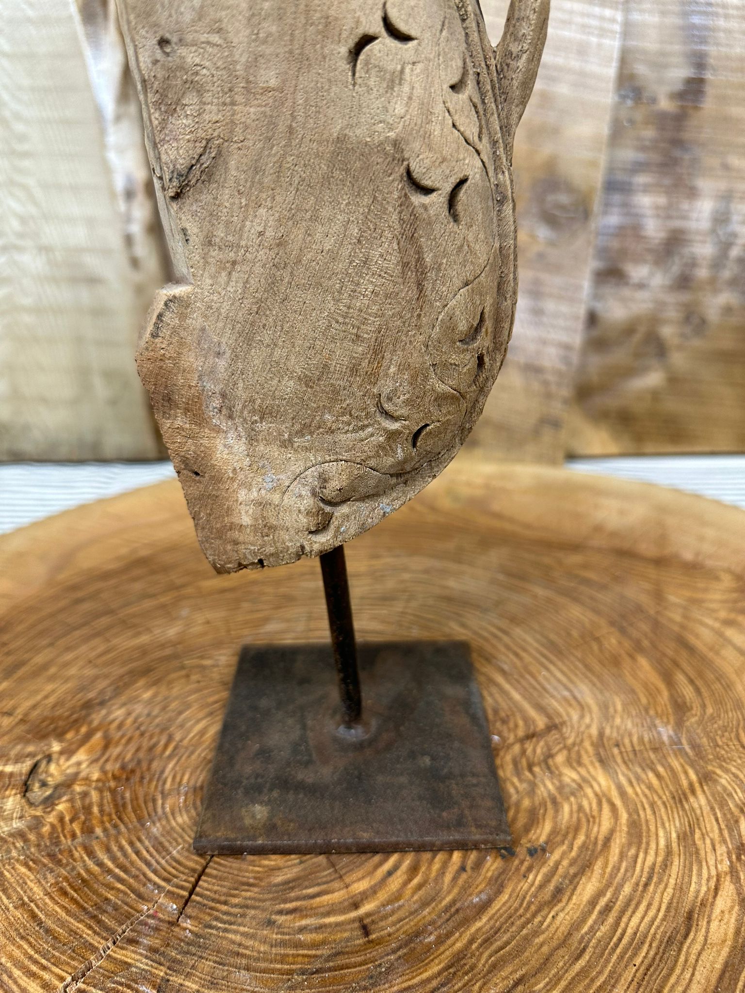 Vintage Handmade Carved Wooden Horse Head Ornament on Metal Stand
